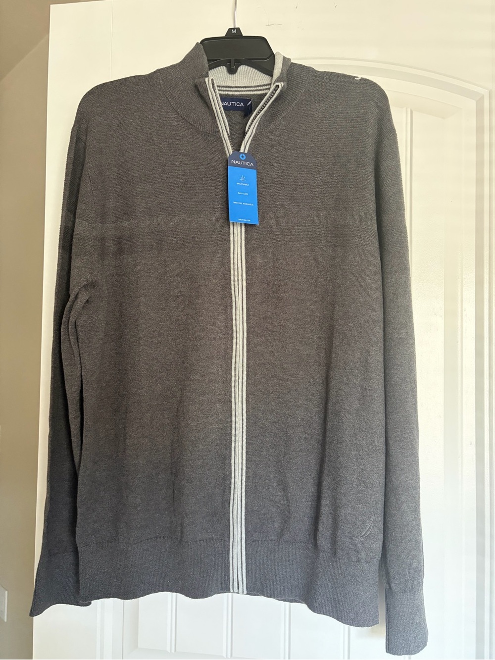 Nautica Men's Dark Gray Full-Zip Sweater with Light Gray Trim